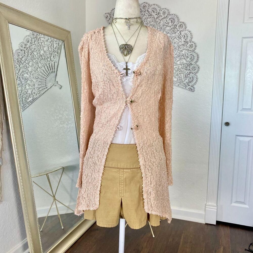 Blush Pink Vintage Fairy Coquette Whimsical Lace Rosebud Cardigan Plus 22 2XL - Picture 2 of 7